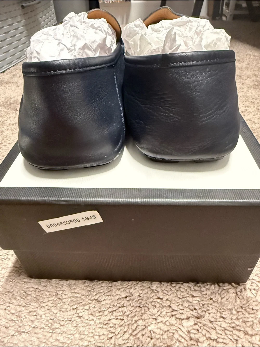 Gucci Navy Leather Loafers with Red Stripe & Gold GG